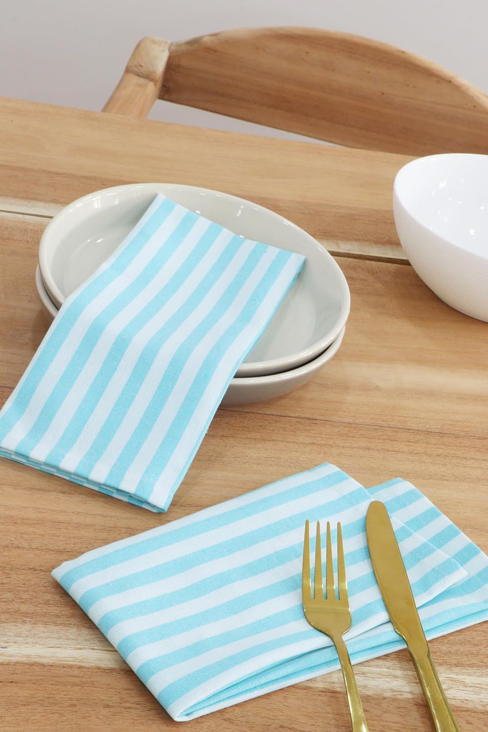 PurpleEssences Plain Striped Cloth Napkins - Set of 12-100% Cotton - 18 x 18 Inch - Fall Thanksgiving - Perfect Everyday Use Dinner Napkin - Aqua Blue White
