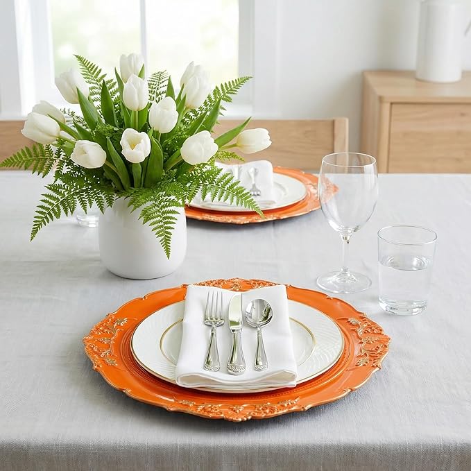 Orange Charger Plates, 13 Inch Embossed Chargers for Dinner Plates. Plastic Charger for Wedding, Party. (Set of 6)