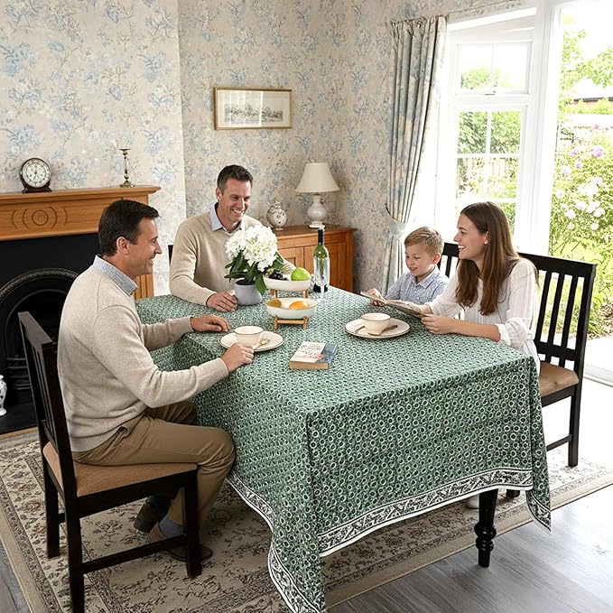Ridhi Hand Block Print Basil Green Rectangle Cotton Tablecloth 140" x 72" Reusable Table Cover Decorative Everyday Use for Dining, Farmhouse, Home Gift for Spring, Easter, Valentine