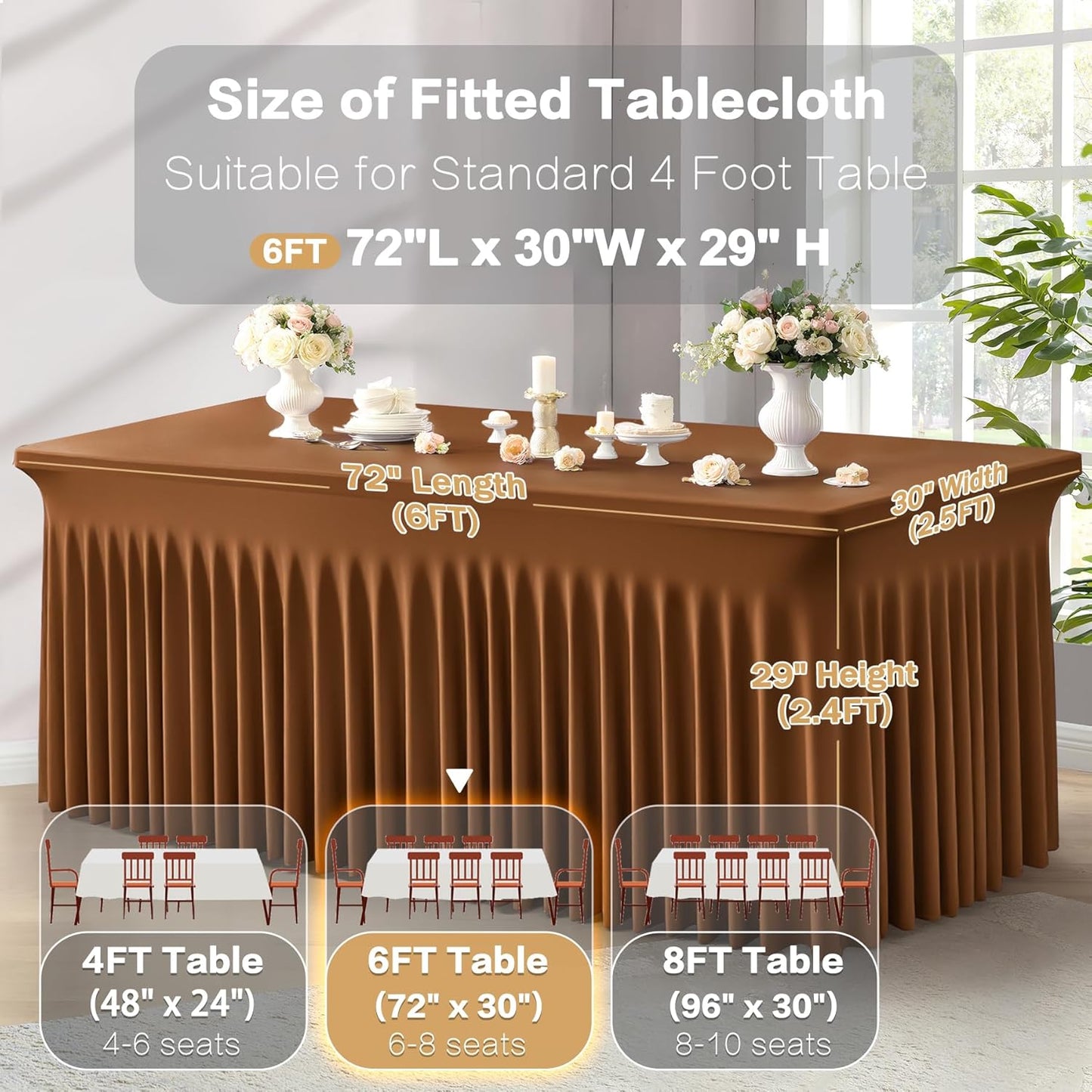 2 Packs Brown Spandex Tableclothes for 6 Foot Rectangle Table, Spandex Table Covers 6FT Stretch Table Skirts Rectangle Wrinkle Free Fitted Tablecover for Event, Wedding, Banquet & Parties