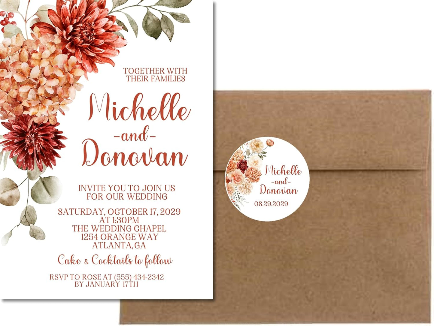 Rustic Orange Fall Wedding Invitations, Burnt Orange & Terracotta Floral, Personalized, Set of 12 Invitations with Envelopes