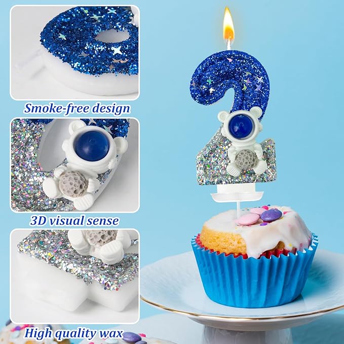 HXOUSE Astronaut 2nd Birthday Candle - Space Universe Sparkler 2 Candle for Birthday Cake Boy, Topper for Party Decorations Anniversary Celebrations (Number 2)