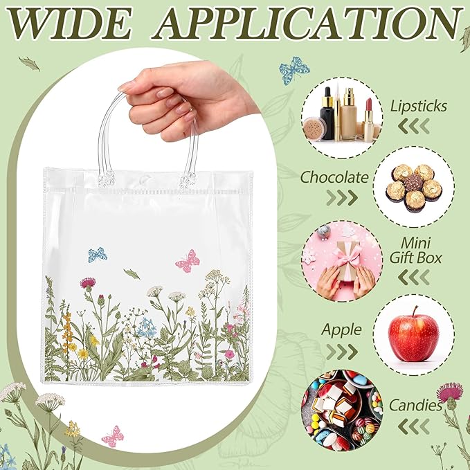 Kacctyen 24 Pcs Gift Bags for Party Favor Clear Goodie Bags with Handle 7.87 x 7.87 x 3.15 Return Gift Wrap Totes for Guests Treat Candy Wrapping(Vintage Wildflowers)