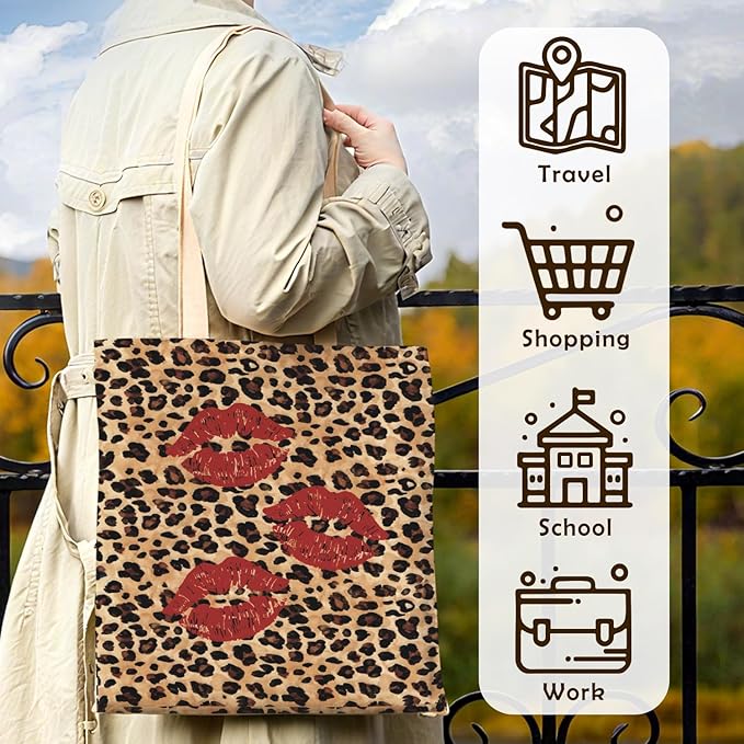 Coquette Leopard Red Lip Tote Bag for Women,Trendy Cheetah Print Canvas Tote Bag for Girls,Girly Leopard Lip Print Aesthetic Reusable Shopping Grocery Bags Party Favors
