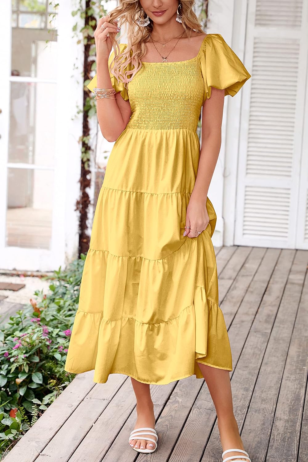 PRETTYGARDEN Women's Casual Summer Midi Dress Puffy Short Sleeve Square Neck Smocked Tiered Ruffle Dresses