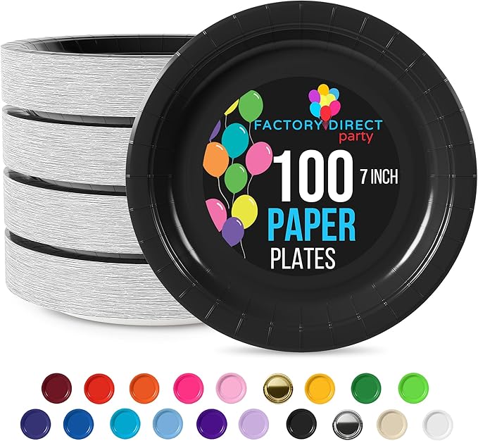 Exquisite Party Solids Black Paper Plates Disposable Heavy Duty 7 Inch Black Disposable Plates For Party 100 Pcs Heavy Duty Paper Plate 350 GSM, Birthday Supplies Plate Set