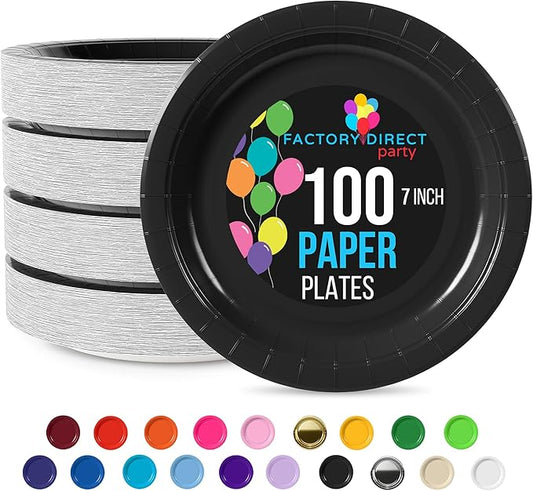 Exquisite Party Solids Black Paper Plates Disposable Heavy Duty 7 Inch Black Disposable Plates For Party 100 Pcs Heavy Duty Paper Plate 350 GSM, Birthday Supplies Plate Set