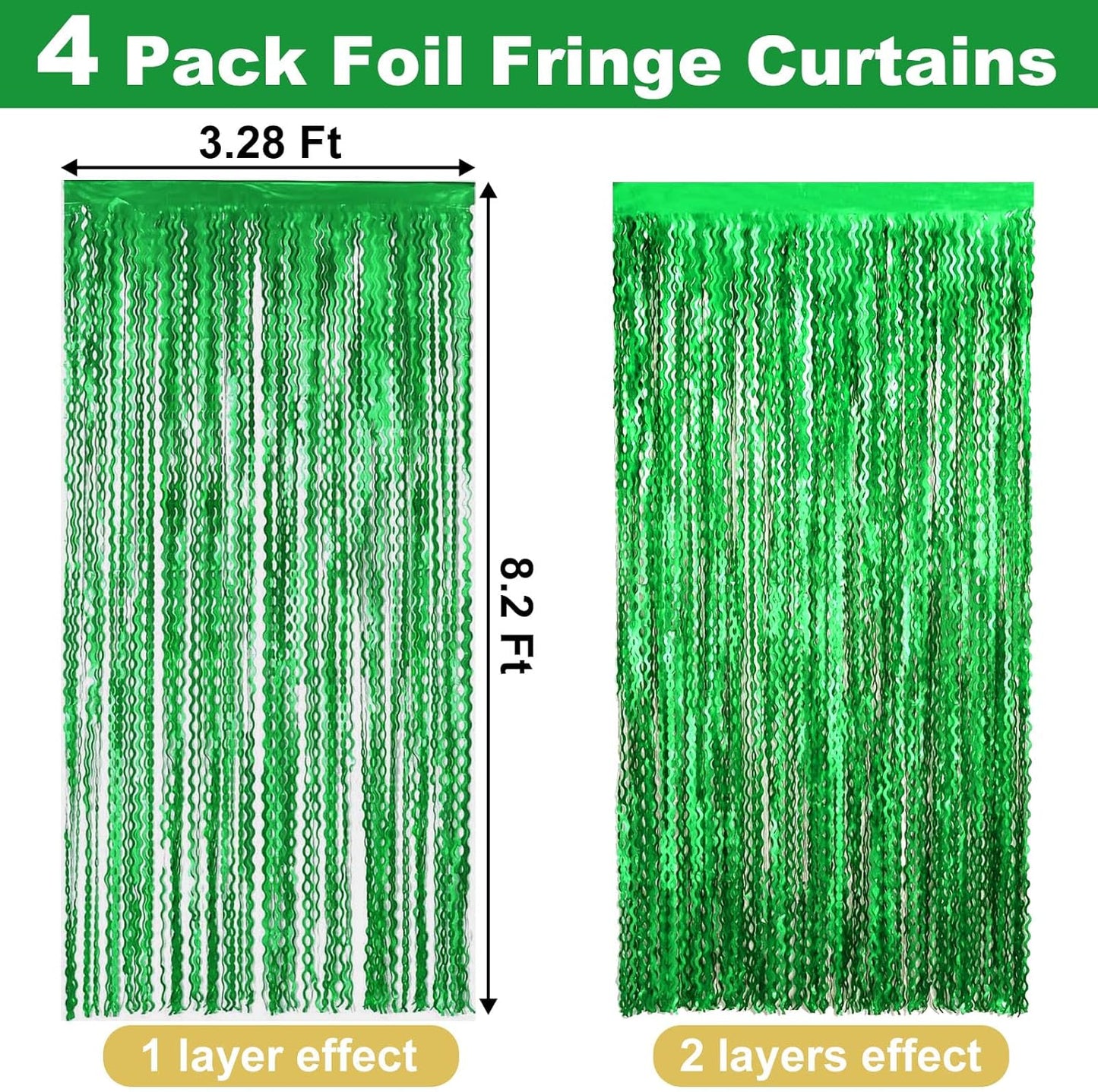 4 Pack Green Fringe Curtain Backdrop 3.2Ft x 8.2Ft Metallic Tinsel Foil Fringe Streamers Background for Photo Booth Mother's Day, Easter, Carnival, Birthday, Wedding Party Decoration