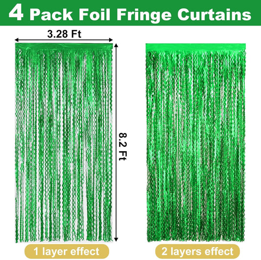 4 Pack Green Fringe Curtain Backdrop 3.2Ft x 8.2Ft Metallic Tinsel Foil Fringe Streamers Background for Photo Booth Mother's Day, Easter, Carnival, Birthday, Wedding Party Decoration