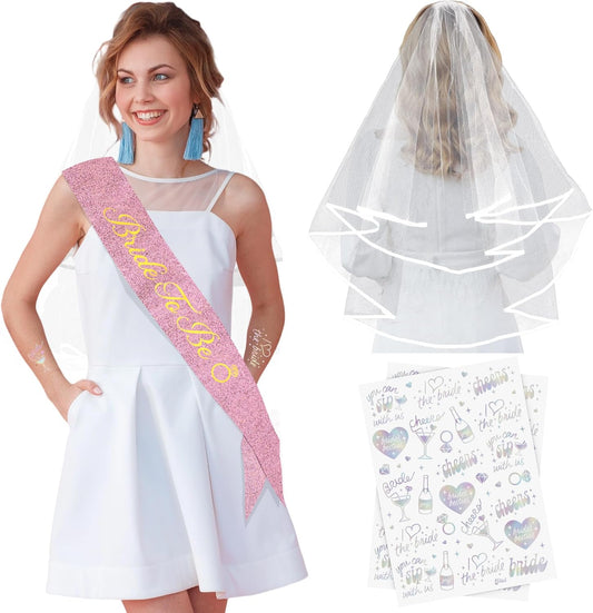 Glitter Bride to Be Sash Set – Glitter Sash, Plain Veil & Temporary Tattoos – Bridal Shower Hen Night Bachelorette Party Accessories