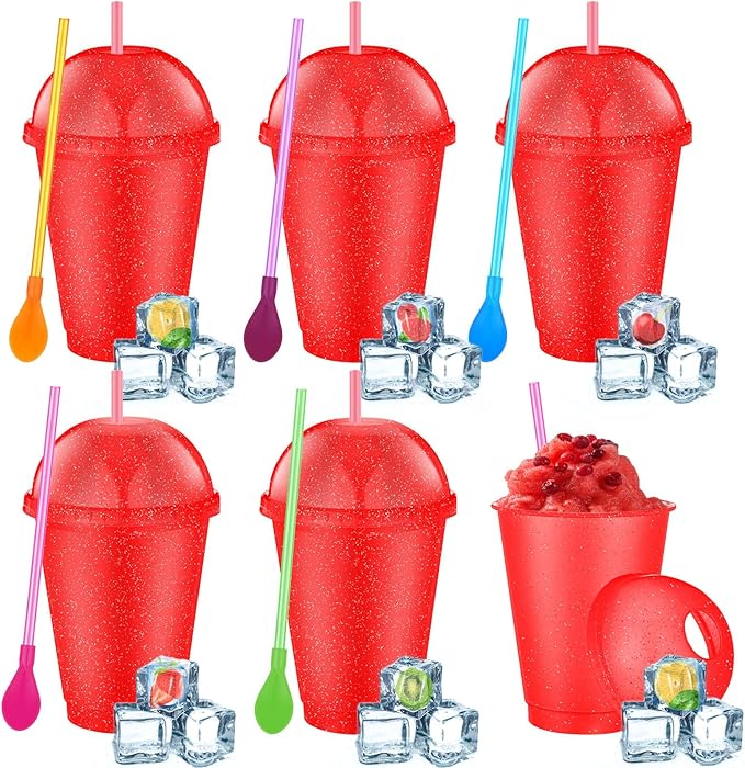 6 Set Slushie Cups with Dome Lids and Straws Detachable Spoon Straws Reusable Plastic Iced Coffee Cups Smoothie Tumbler for Birthdays Summer Party Supplies(Red,16 oz)