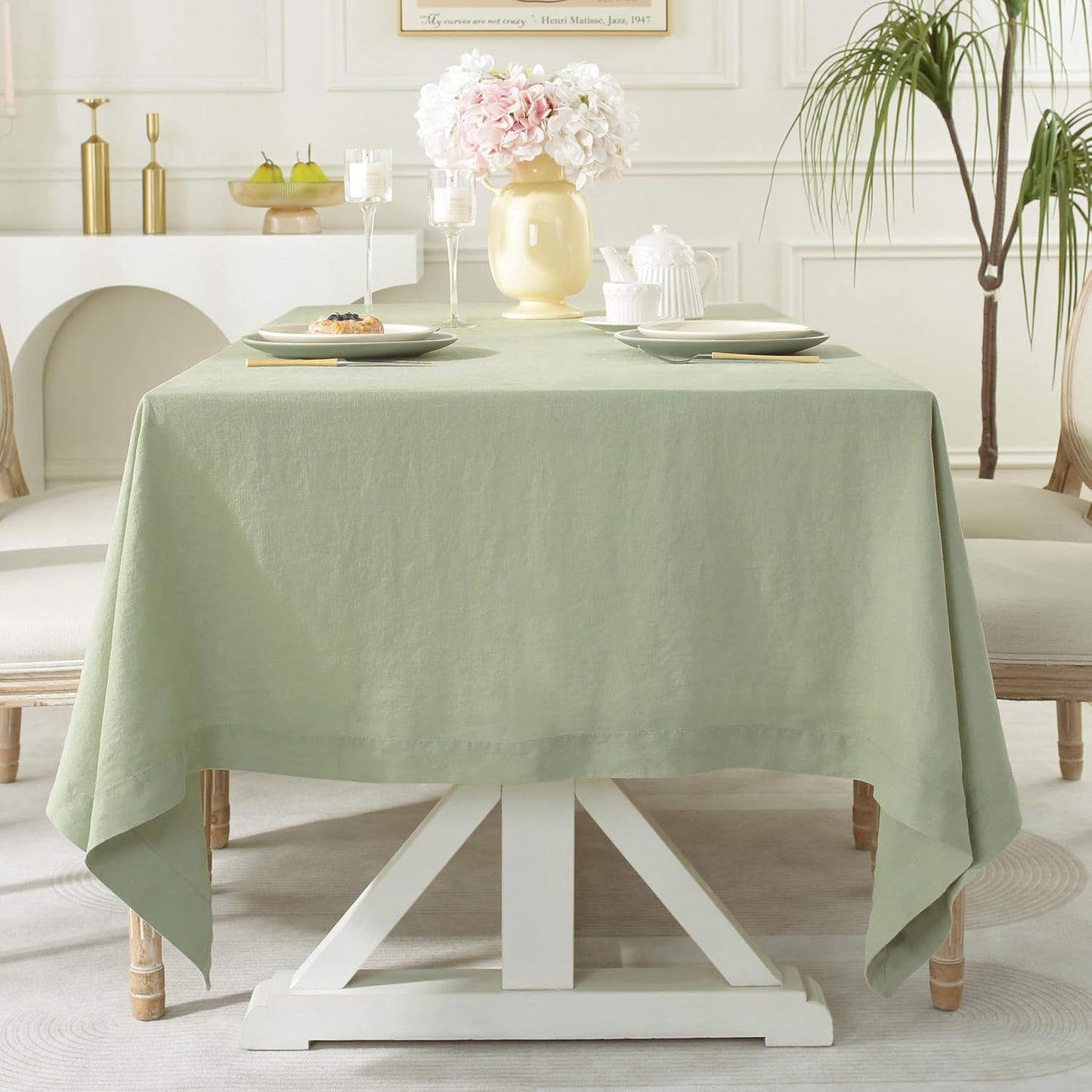 Linen World Linen Tablecloth,100% French Linen Sage Tablecloth 132" x 90" Inch,Washable Rectangular Tablecloth for Dining,Outdoor,Weddings and Restaurants,Decorative Thanksgiving Christmas