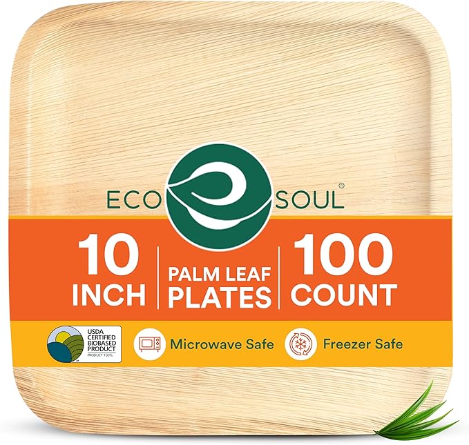 ECO SOUL 10 Inch Disposable Palm Leaf Plates [100 Pack] Premium Food-Safe Heavy Duty Compostable Bamboo Paper Plates for Lunch, Dinner, Birthday, Weddings, Party, Camping & Catering Events [Square]