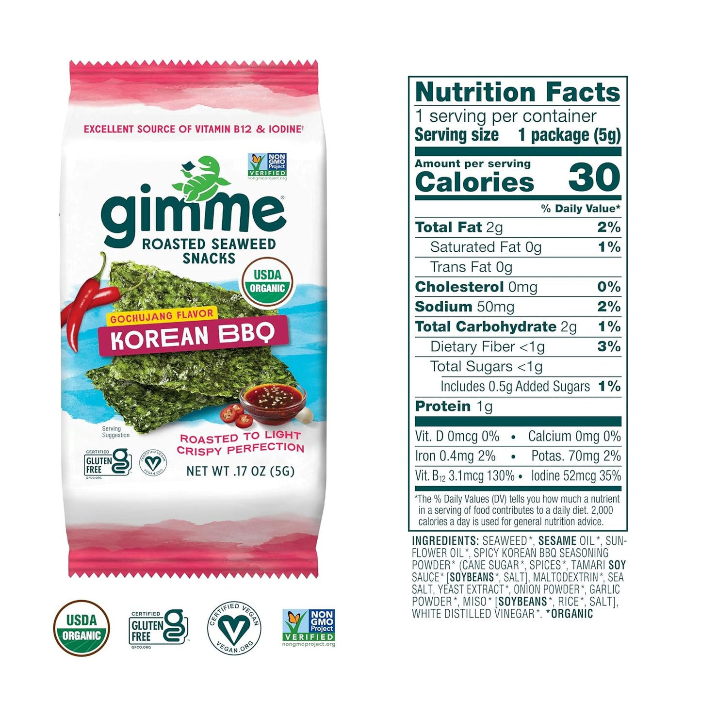 Gimme Seaweed Organic Premium Roasted Seaweed Snacks, Korean BBQ, 6 Count, Keto, Vegan, Gluten-Free, Great Source of Omega3s and Iodine, Healthy On-The-Go Snack for Kids and Adults (Pack of 2)