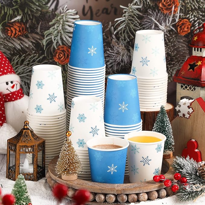 Funtery 100 Pieces Christmas Paper Cups Xmas Disposable Coffee Snowflake Santa Snowman Elk Lights Cups 9 Ounce Drinking Tea Paper for Daily Use Holiday (Snowflake Style)