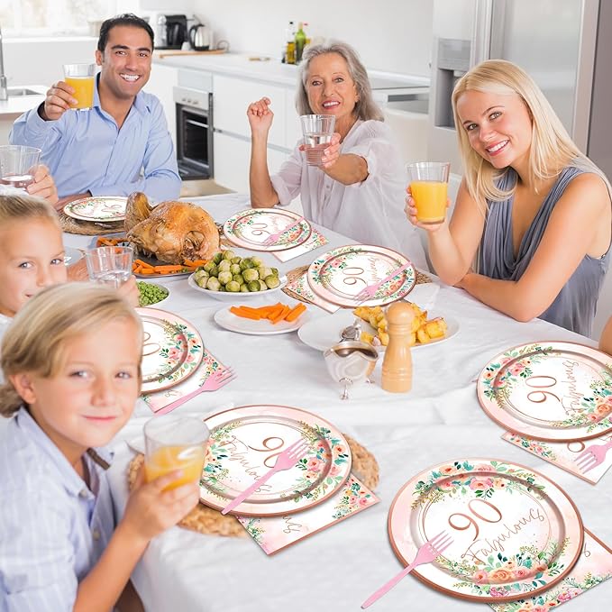 OBUSATT 96Pcs Floral 90 Fabulous Party Supplies 90th Birthday Paper Plates Napkins Rose Gold Party Decorations 90 Years Dinnerware Party Favor Women 90th Tableware Serves 24