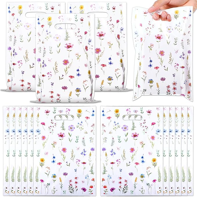 HJZHII 50 Pcs Party Favor Bags, Floral Bags Gift Bag Wildflower Print Treat Bag Multicolor Flowers with Handle for Wedding Candy Birthday Baby Bridal Shower Party Decorations Supplies