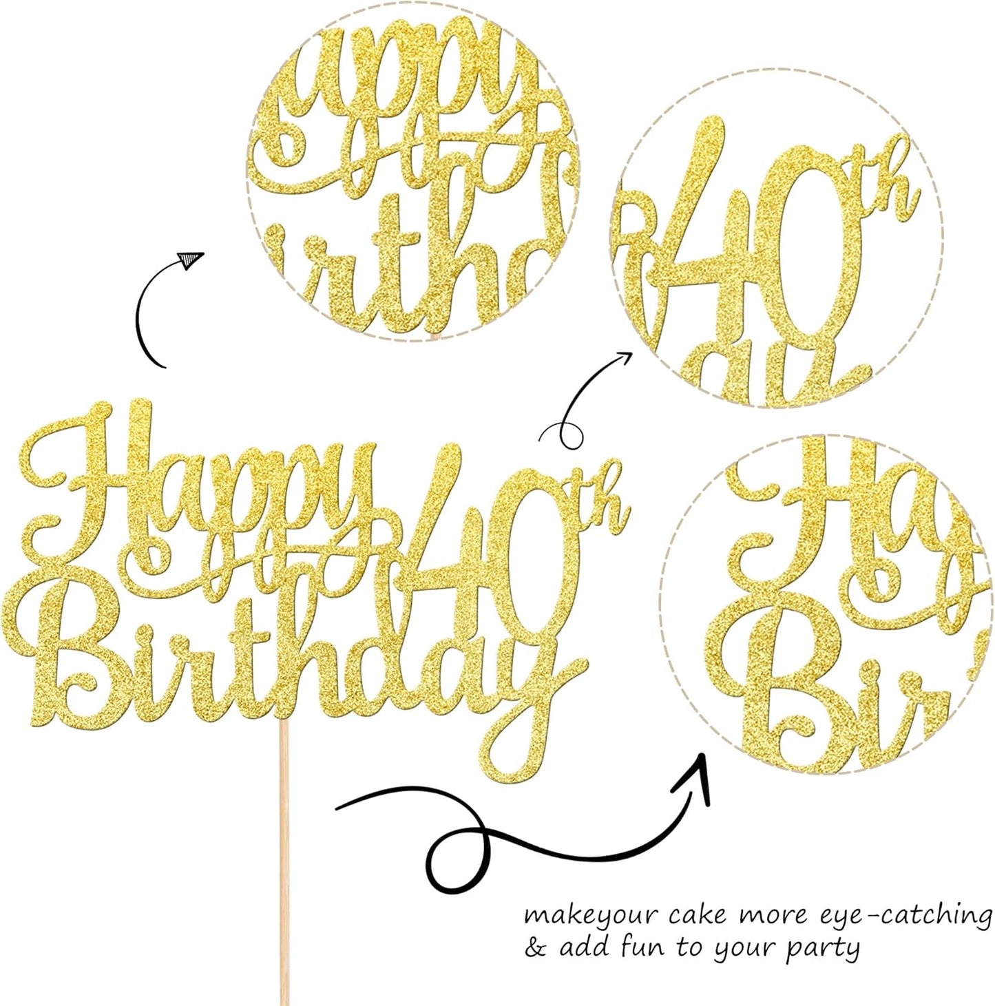 1 PCS Happy 40th Birthday Cake Topper Gold Glitter Cheers to 40 Years Birthday Cake Pick 40 Fabulous Cake Decoration for Happy 40th Birthday Anniversary Party Decorations Supplies