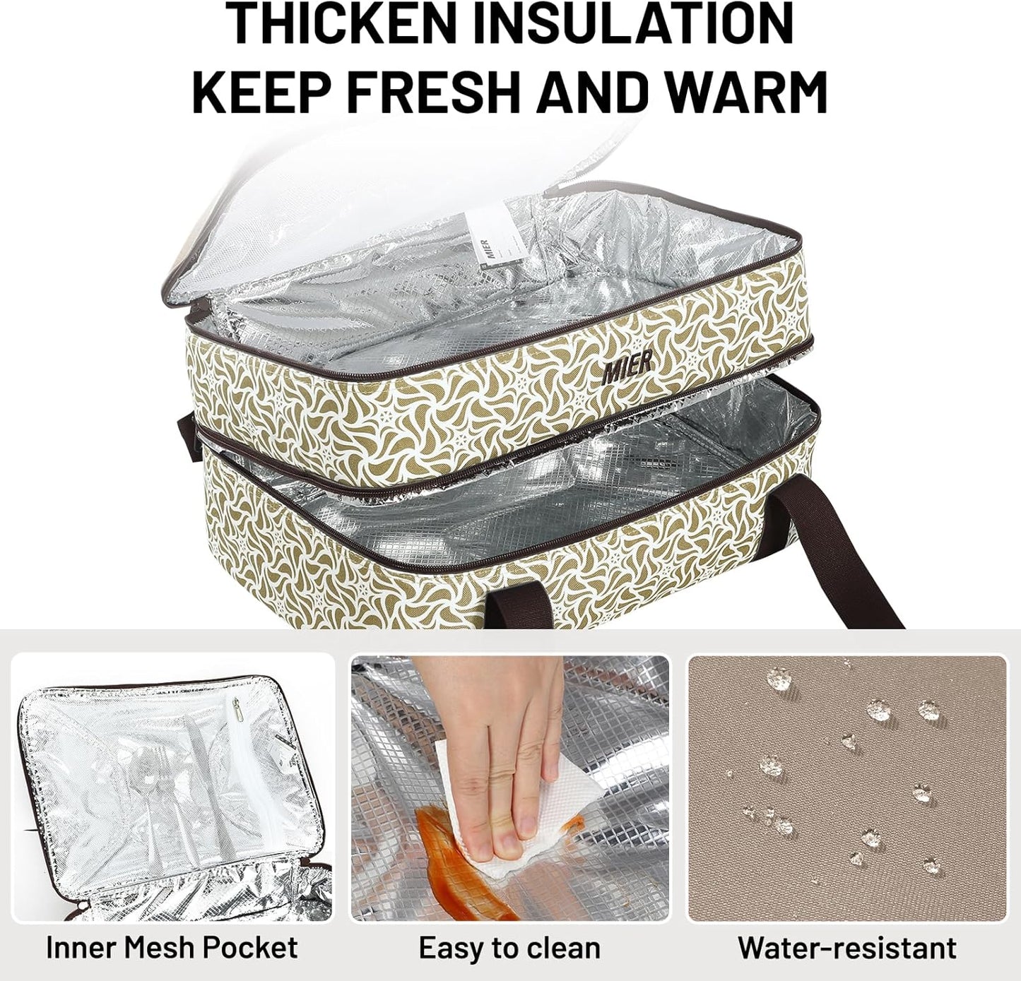MIER Insulated Casserole Carrier Fits 9"x13" Baking Dishes/Foil Pans, Double Food Carriers Bag Thermal Holder for Hot or Cold Food Lasagna Lugger Potluck Parties Picnic Travel, Khaki