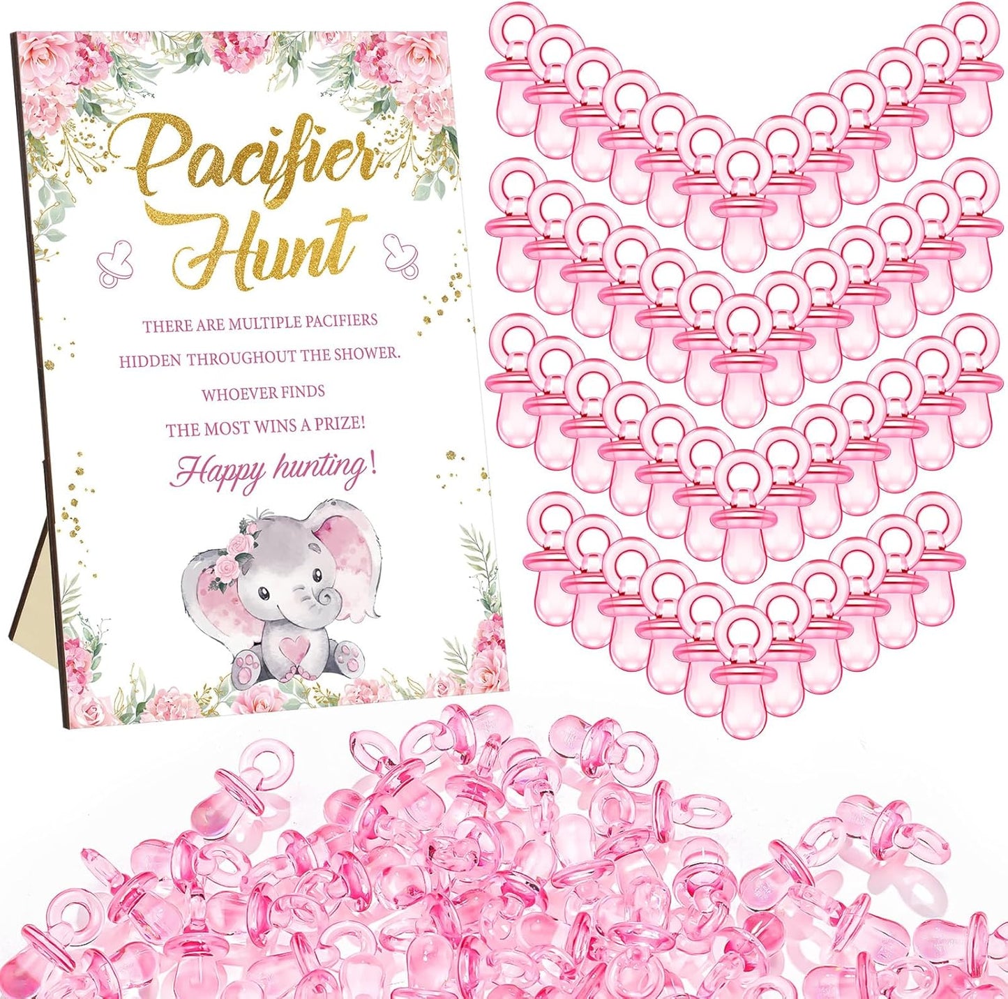 Thyle 51 Pcs Pacifier Hunt Baby Shower Games Include Hunt Sign and 50 Acrylic Pacifiers for Baby Shower Game Decoration Gift Sets Gender Reveal Party Decor(Pink Elephant)