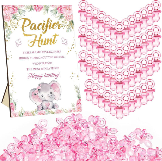 Thyle 51 Pcs Pacifier Hunt Baby Shower Games Include Hunt Sign and 50 Acrylic Pacifiers for Baby Shower Game Decoration Gift Sets Gender Reveal Party Decor(Pink Elephant)