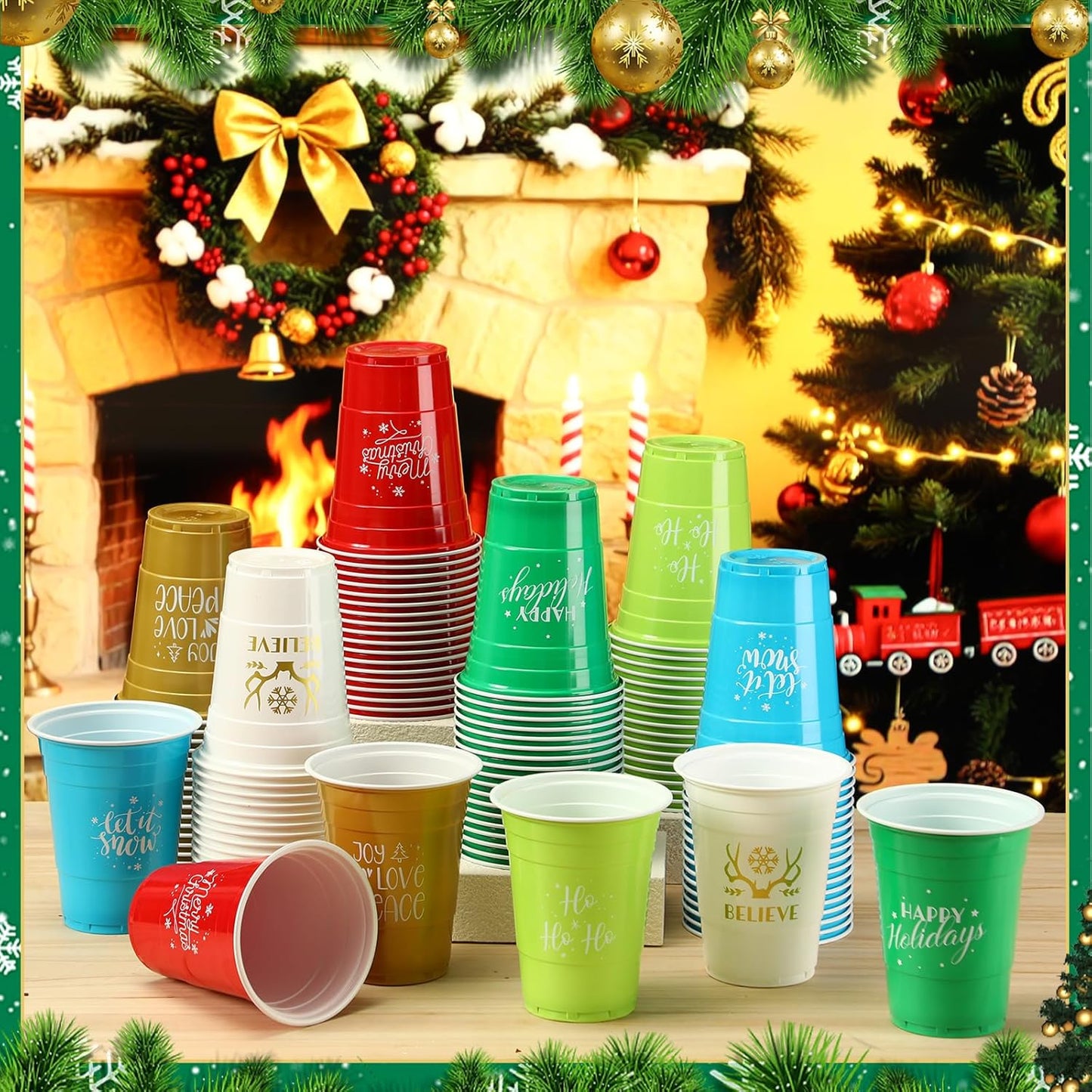 Sliner 120 Pcs 16 oz Christmas Plastic Disposable Cups Bulk Snowflake Elk Star Christmas Tree Drinking Cups for Xmas Birthday Party Supplies (Multicolor)