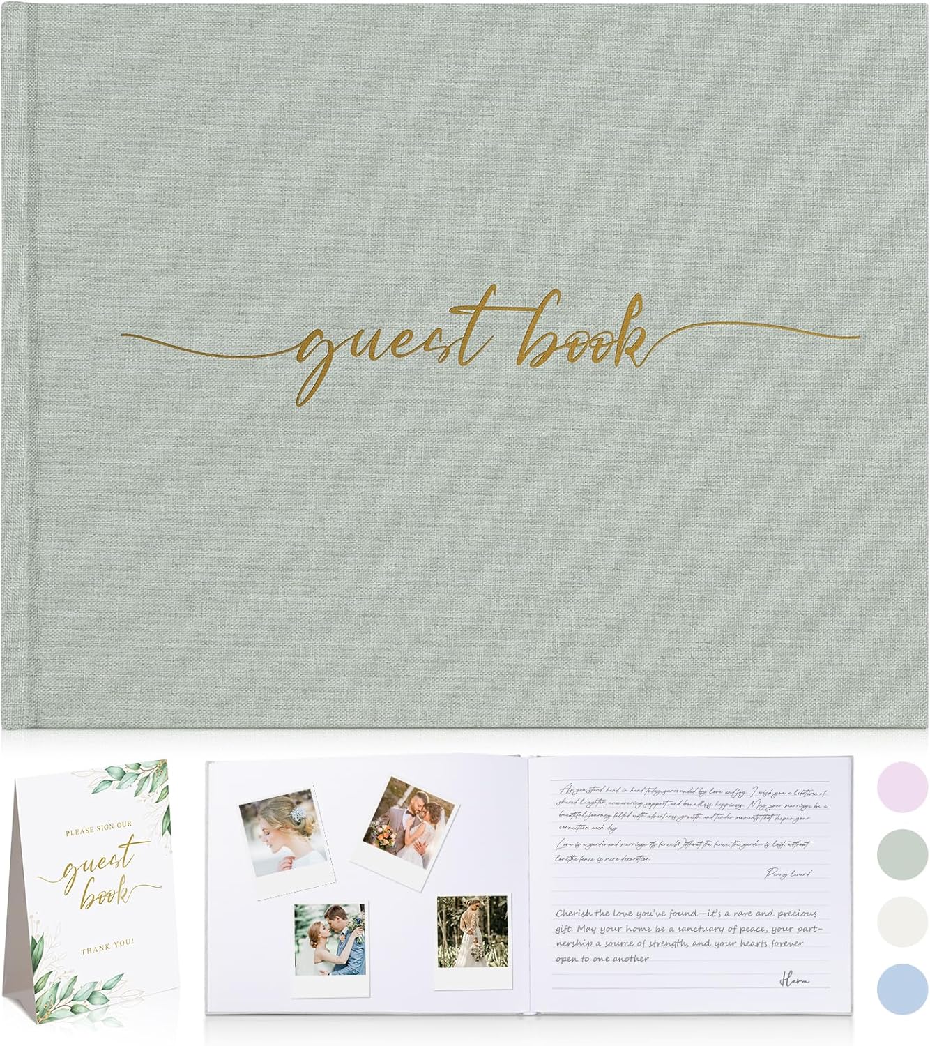 Linen Wedding Guest Book for Guests to Sign - The Perfect Photo Guest Book for Wedding Reception Bridal Shower,Baby Shower - 100 Pages Blank and Lined Acid Free Paper (Sage Green, No Year)