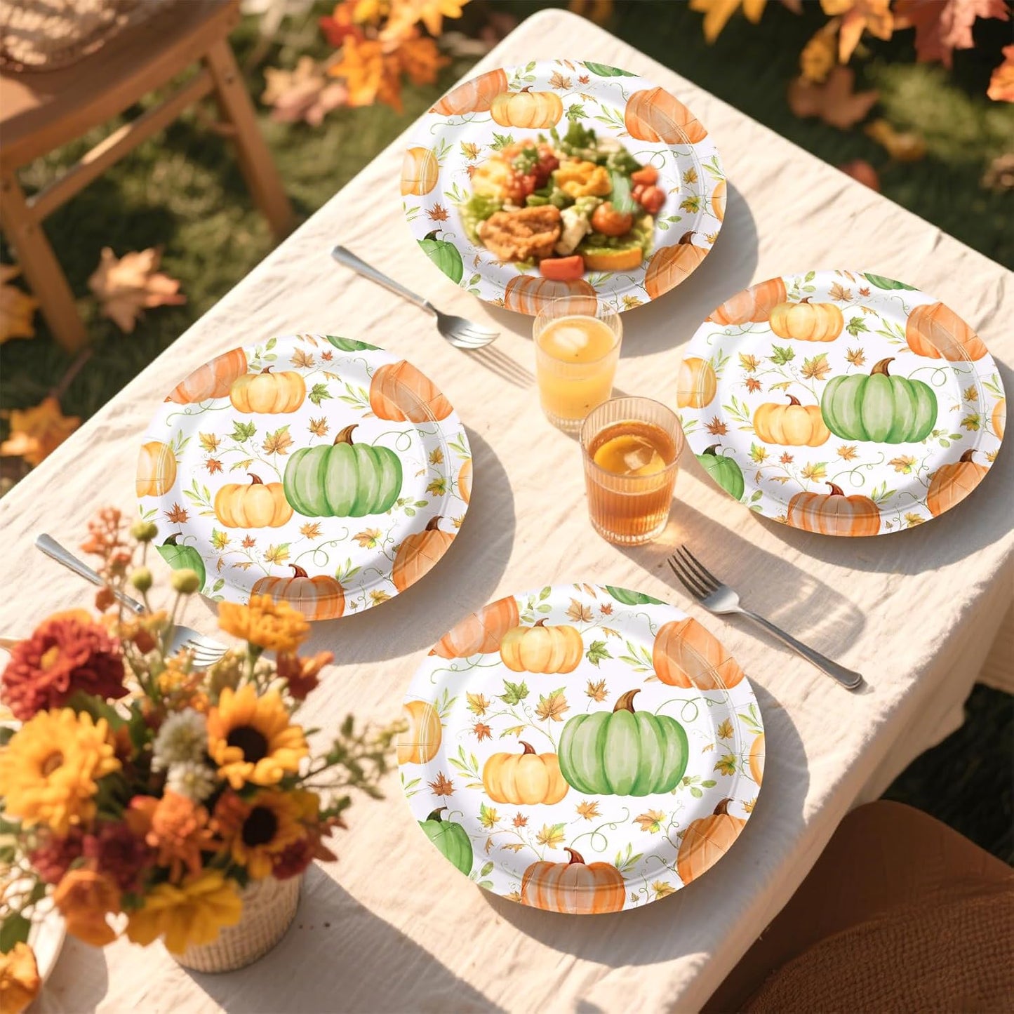 Grencian 50Pcs Fall Pumpkins Paper Plates - 9" Autumn Orange Green Watercolor Pumpkin Paper Plates Fall Leaves Platters Disposable Tableware for Autumn Harvest Thanksgiving Birthday Party Decorations