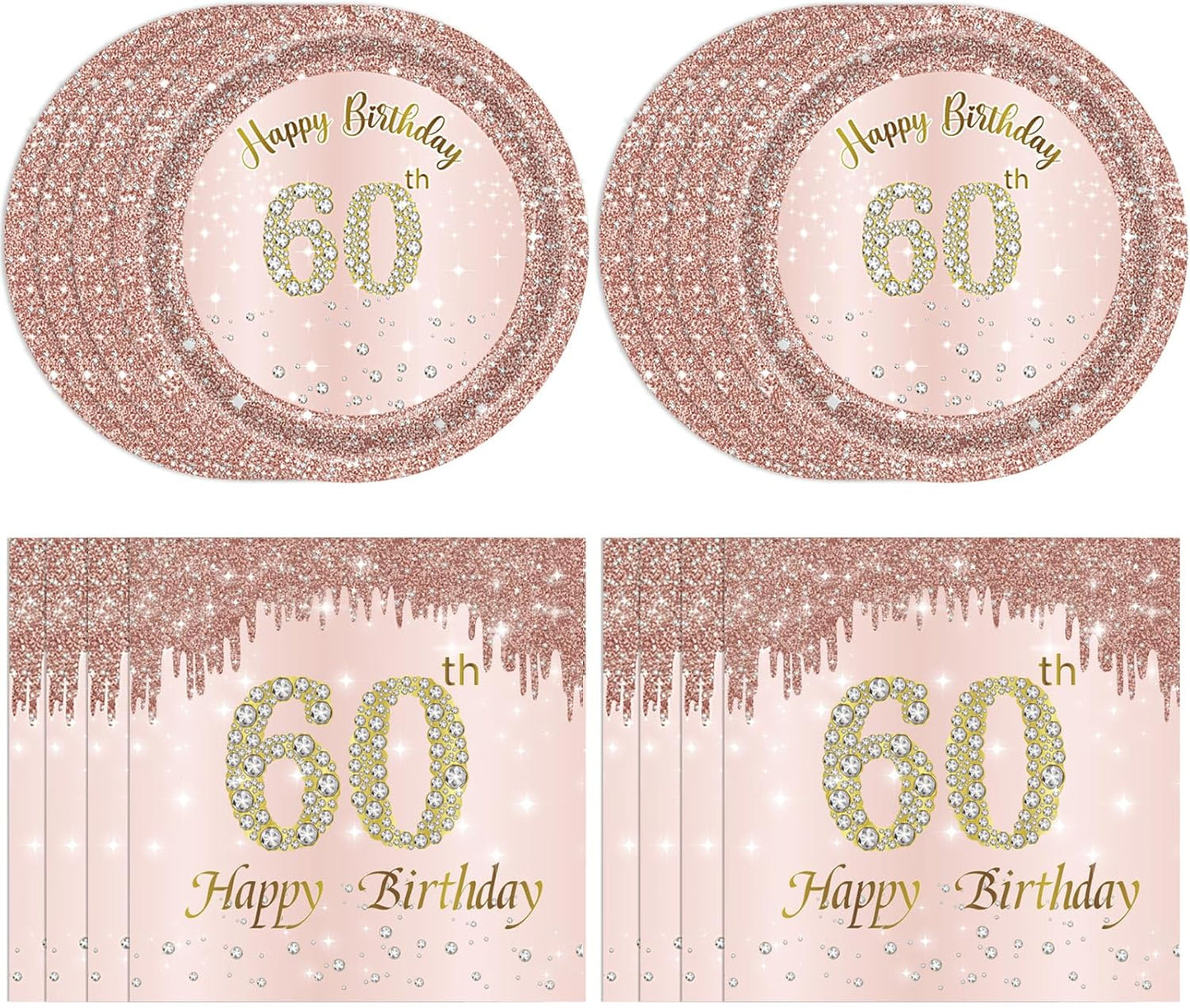 60th Birthday Decorations for Women, Rose Gold Sixty Year Old Party Supplies Include 20 Plates 20 Napkins, Pink 60 Aged Birthday Party Tableware