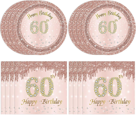 60th Birthday Decorations for Women, Rose Gold Sixty Year Old Party Supplies Include 20 Plates 20 Napkins, Pink 60 Aged Birthday Party Tableware