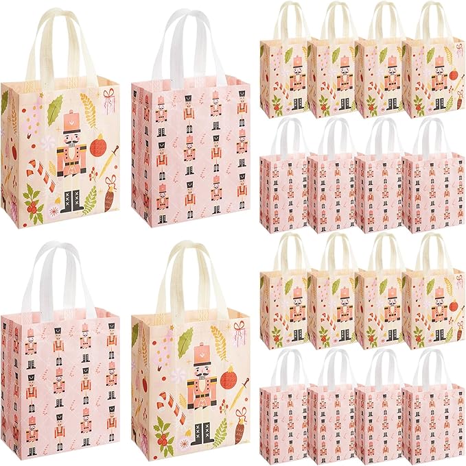 Wovnet 30 Pcs Christmas Bags Bulk Pink Nutcracker Merchandise Gift Bags with Handles Reusable Non Woven Tote Shopping Goodie Pouch for Xmas Party Favors 10 x 8 x 4in