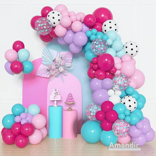 Amandir 152pcs Hot Pink and Teal Blue Balloon Garland Arch Kit, Different Sizes 12 10 5 Purple Rose Red Confetti White Dots Turquoise Balloons for Spa Girls Surprise Birthday Baby Shower Decorations