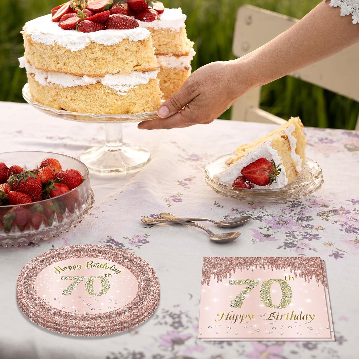 70th Birthday Decorations, Rose Gold Birthday Party Supplies Include 20Pcs Plates 20Pcs Napkins Sweet Seventy Year Old Party Tableware for Girl Ladies Women