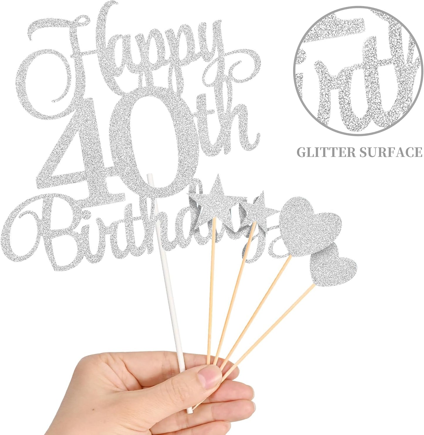 40th Birthday Cake Decorations, 40th Birthday Candles Cake Numeral Candles and Glitter Happy 40th Birthday Cake Toppers Set for Birthday Party Supplies (Silver)