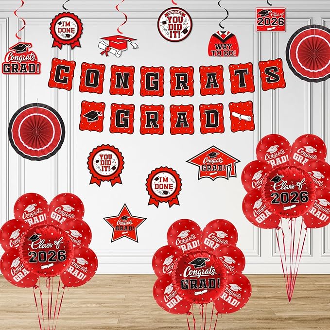 Red Themed 2026 Graduation Decorations Set - Congrats Grad Banner, Class of 2026Backdrop, Balloons & Streamers Kit - Complete Party Supplies for High School & College Celebrations