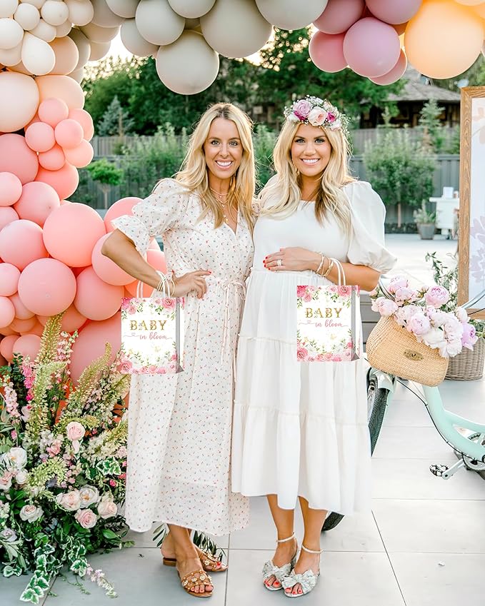 Tyndallrays 16-Piece Floral Baby Shower Favors: Bags with Handles for Girls' Shower or Reveal Party Treats