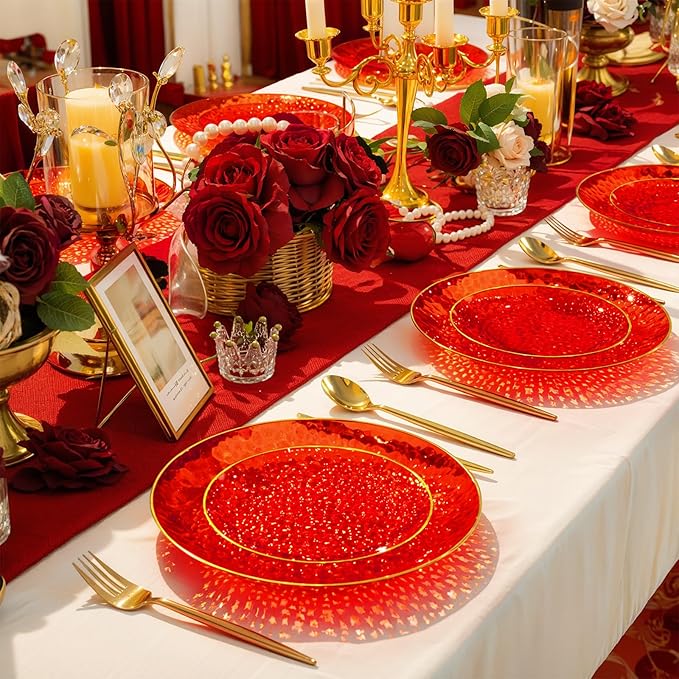 Rubtlamp 60 Pcs Red Plasitc Plates, Gold Red Disposable Plates, Fancy Party Plates, Hammered Plastic plates Include 30 Dessert Platos, 30 Dinner Platos for Party