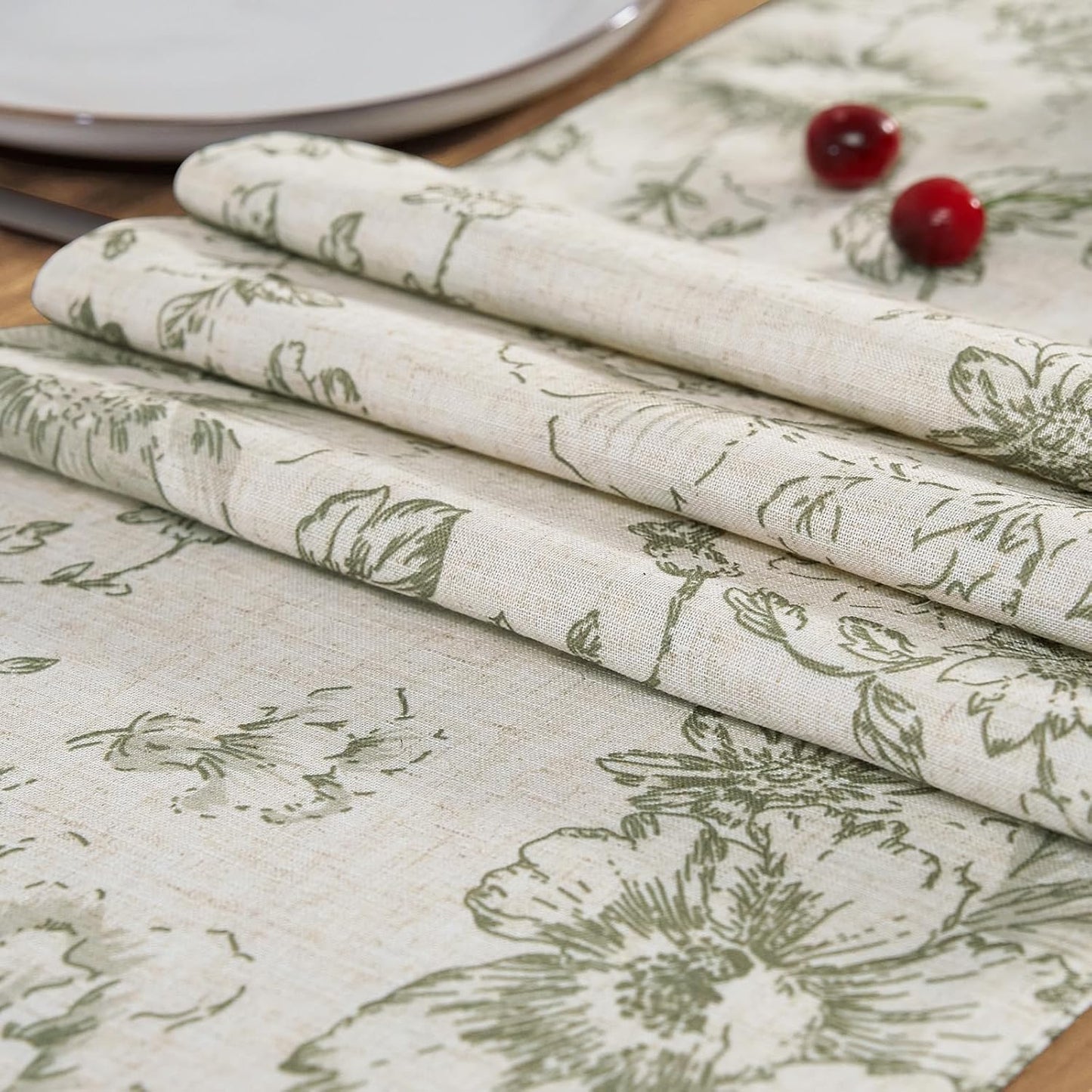 jinchan Floral Linen Table Runner for Kitchen Farmhouse Table Cloth with Sage Flower Print 13 x 90 Inch Beige Linen Blend Cloth for Kitchen Dining Table Indoor Outdoor Decor 1 Panel