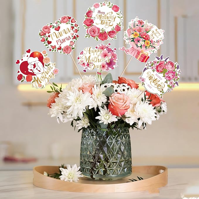 18 PCS Happy Mother's Day Centerpiece Sticks Double Sided I Love Mom Table Centerpieces Rose Flower Best Mother Floral Decorations for Happy Mother's Day Theme Mama Birthday Party Centerpieces
