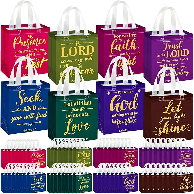 HunnmingRe 64 Pcs Christian Gift Bags Bulk, Easter Reusable Religious Bible Verse Tote with Handles Non Woven Scripture Pastor Blessing Gift for Baptism Church Wedding Favors