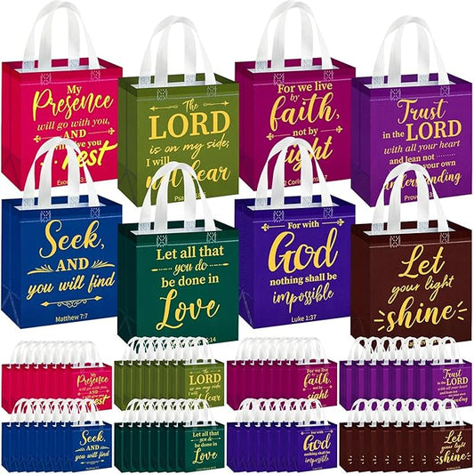 HunnmingRe 64 Pcs Christian Gift Bags Bulk, Easter Reusable Religious Bible Verse Tote with Handles Non Woven Scripture Pastor Blessing Gift for Baptism Church Wedding Favors