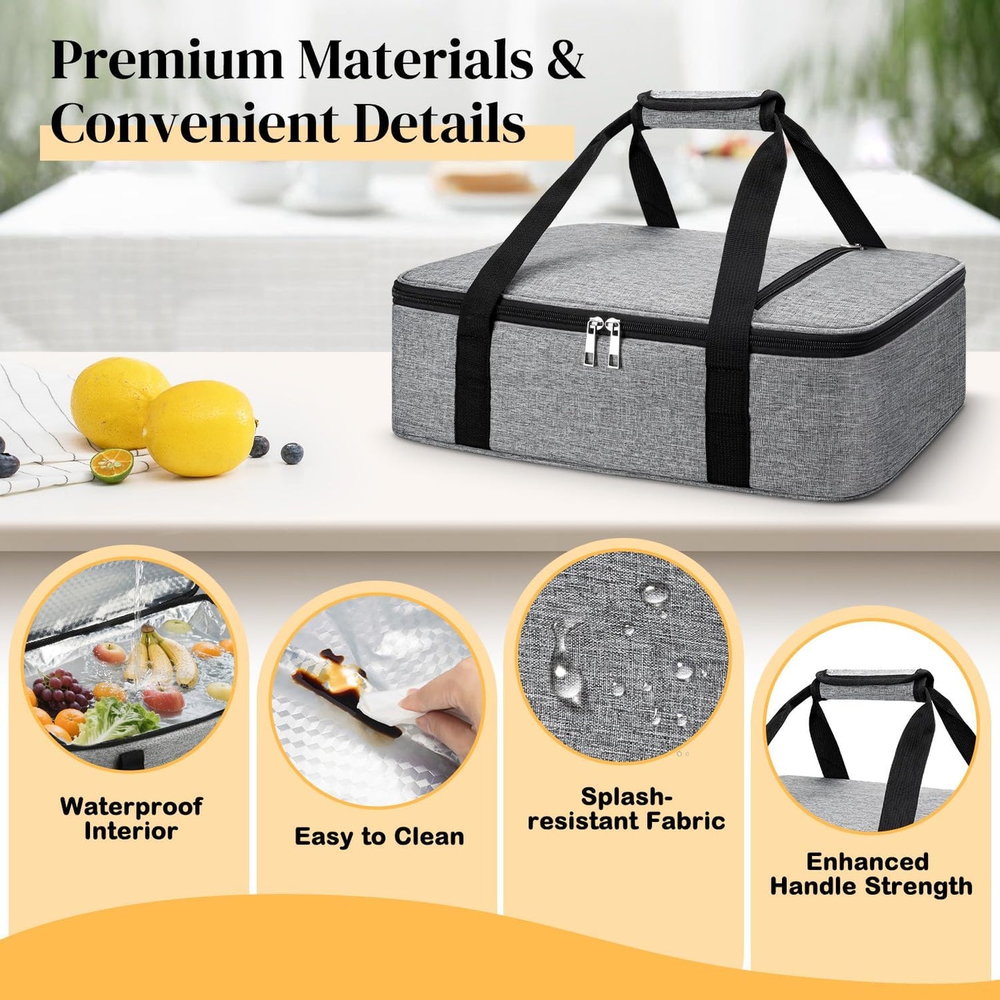 Coobiiya Insulated Casserole Carrier – Portable Tote for Hot or Cold Food, Warmer & Cooler Bag Lunch Bag, Fits 9" x 13" Baking Dish, Ideal for Potluck Parties – Grey