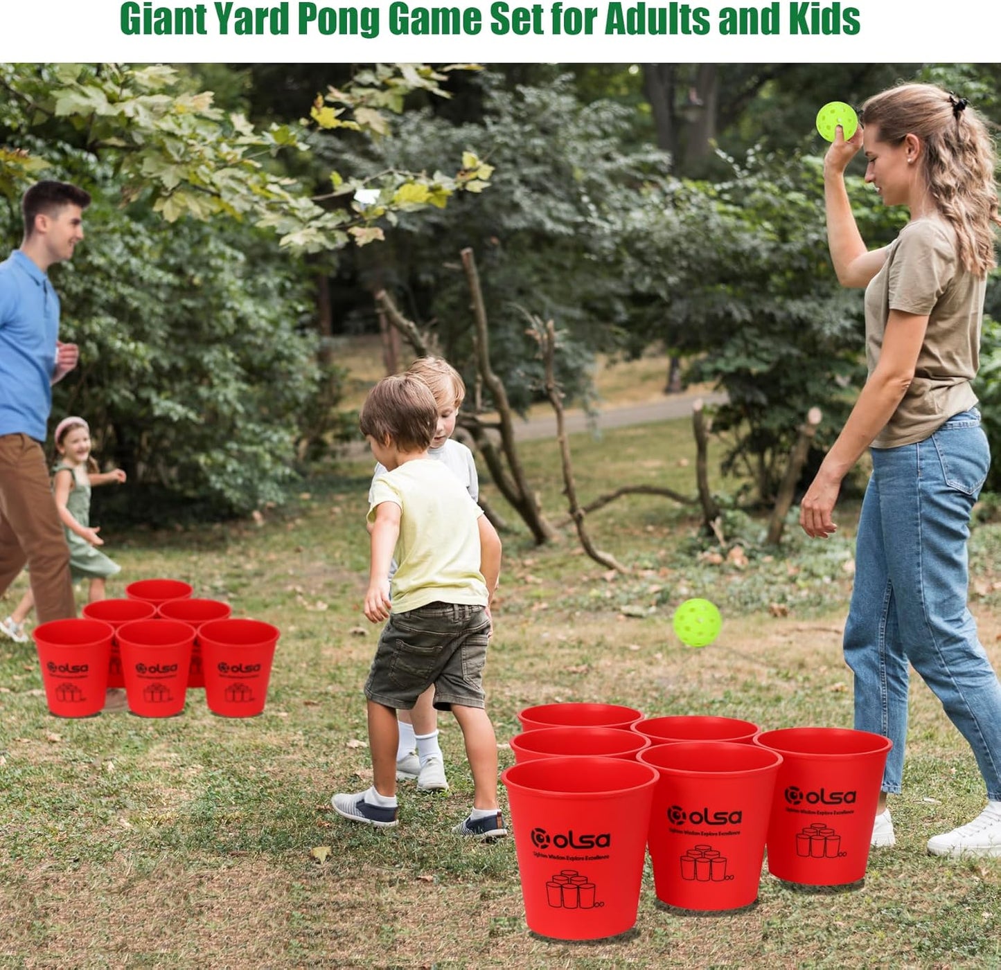 Olsa Giant Pong Yard Games, Yard Pong Outdoor Game for Adults and Family, Toss Backyard Lawn Games with 12 Buckets, Balls, Strength Carrying Bag for Beach Camping Backyard Party(Red)