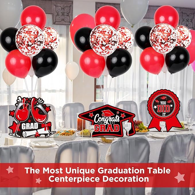 6 Sets Black Red Graduation Balloon Stand Kit for Table Decorations Class of 2025 Congrats Grad Table Centerpiece Grad Prom Themed Decoration for Grad School & College Ceremonies Party Supplies