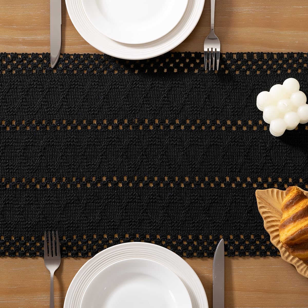 Socomi Boho Table Runner Fall Thanksgiving Farmhouse Rustic Dining Kitchen Centerpiece Decor Small Macrame Woven Cotton Linen Coffee Table Runner for Dresser Scarf Home Decor 12x48 inch Black