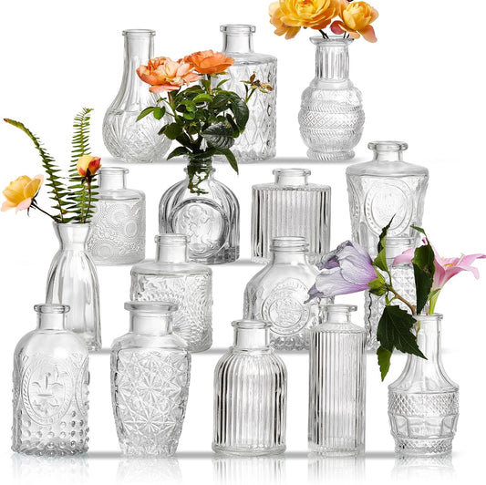Glass Bud Vases Set of 16 - Assorted Small Mini Glass Vases for Flowers, Crystal Vintage Vase Set, Bulk Centerpieces for Table Décor, Wedding, Home and Events (Clear, 16 Pcs)