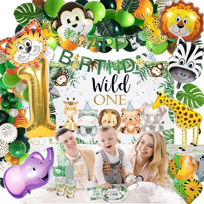Safari 1st Birthday Decorations for Boy Wild One Backdorp Happy Birthday Banner Jungle Themed Tablecloth Balloon Garland Kit