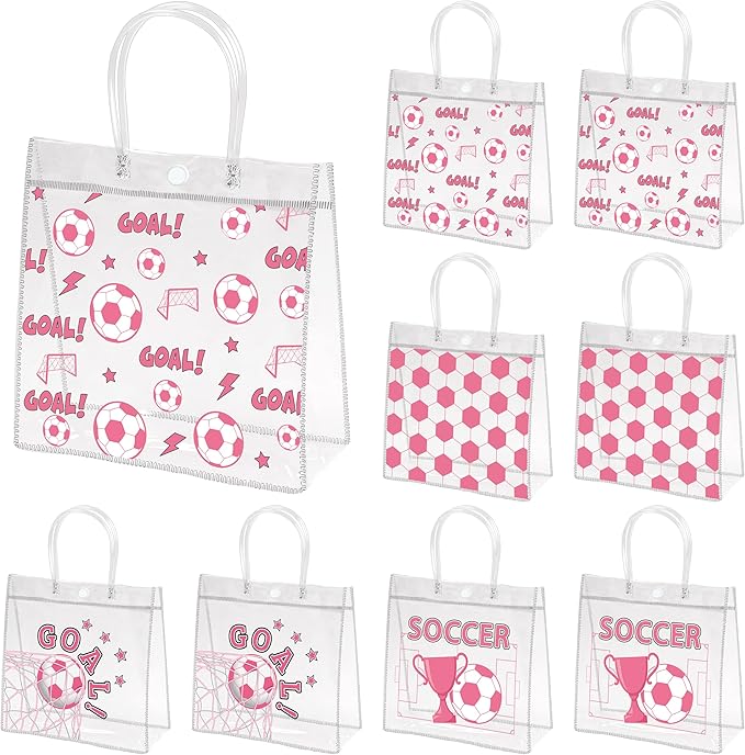 H1vojoxo Pink Soccer Gift Bags - 24PCS Pink Soccer Clear Goodie Bags with Handle 7.9x3.2x7.9 Inch Clear PVC Treat Bag for Team Girls Ball Themed Candy Snack Goody Bag for Sport Birthday Party Favor