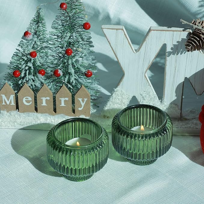 Woho Green Taper Candle Holders Set of 8 for Christmas Party Decor, Reversible Candle Sticks Holder Decor for Wedding Table Centerpiece, Vintage Ribbed Glass Candlestick Holders for Home Decor