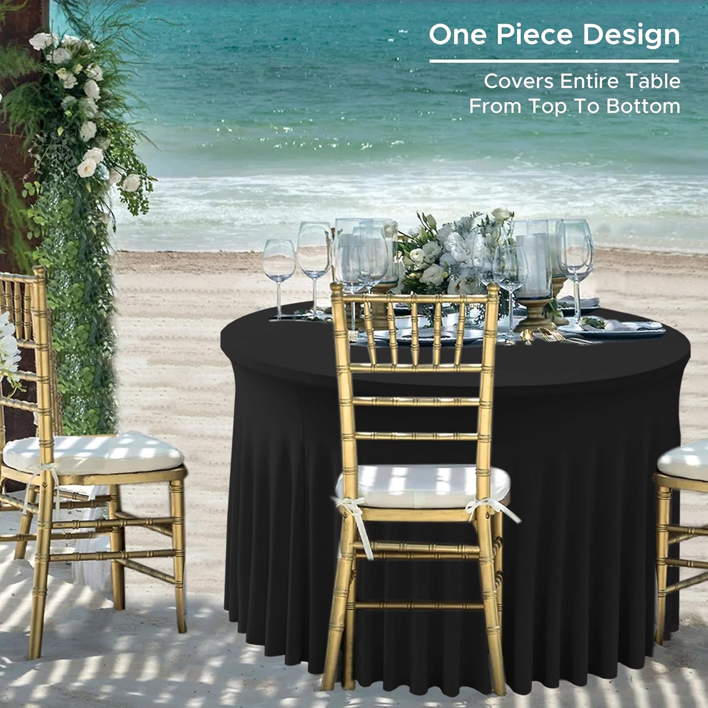 HolidayIdeas Black Spandex 72 in Round Tablecloths, Fitted Stretch Table Skirts for 6ft Round Table, Wrinkle-Free Ruffle Design Tablecloths for Banquets,Trade Shows, Parties, Events, 4 Pack